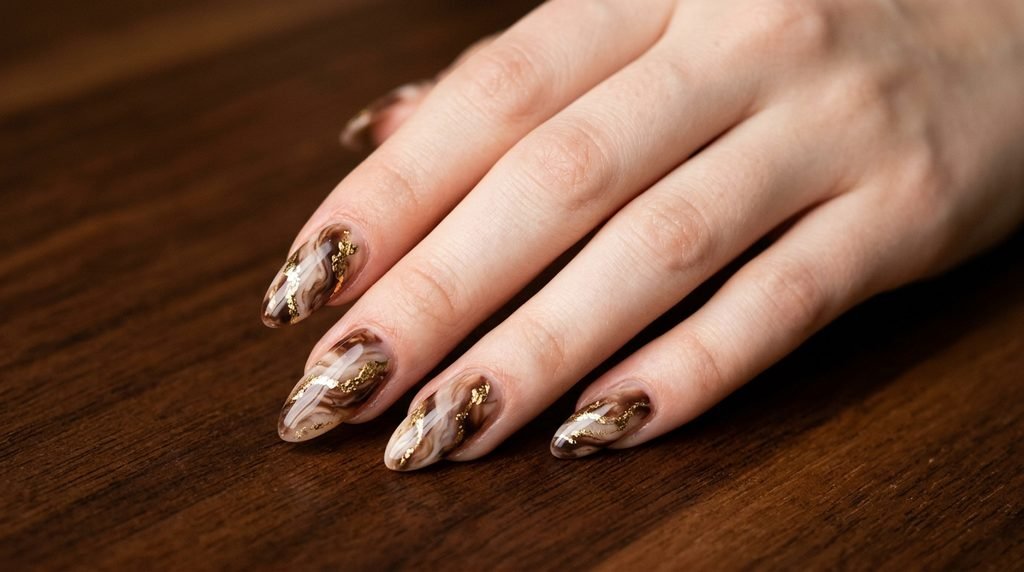 Long almond nails featuring dark brown and cream marble art with gold foil veins on a fair-skinned young woman's hand on wood.