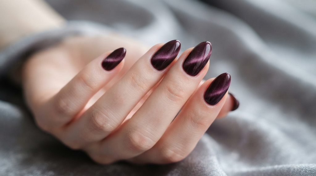 Close-up of flawless medium almond plum noir velvet cat eye nails on a very white female hand, 18, against smoky grey silk.