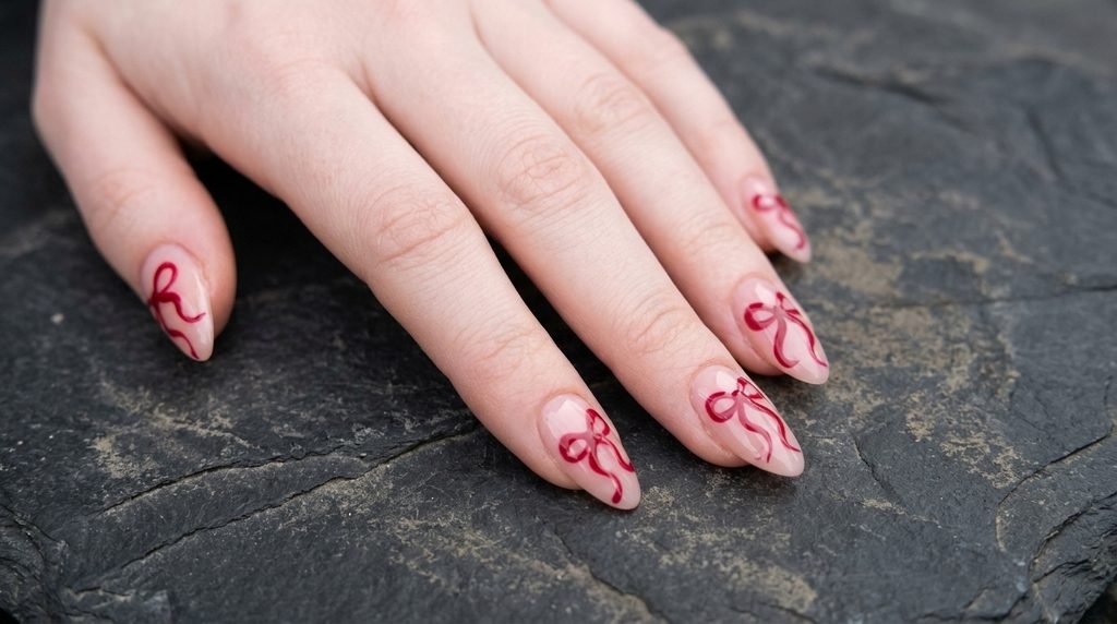 Elegant almond nails featuring flowing red ribbon painted loops.