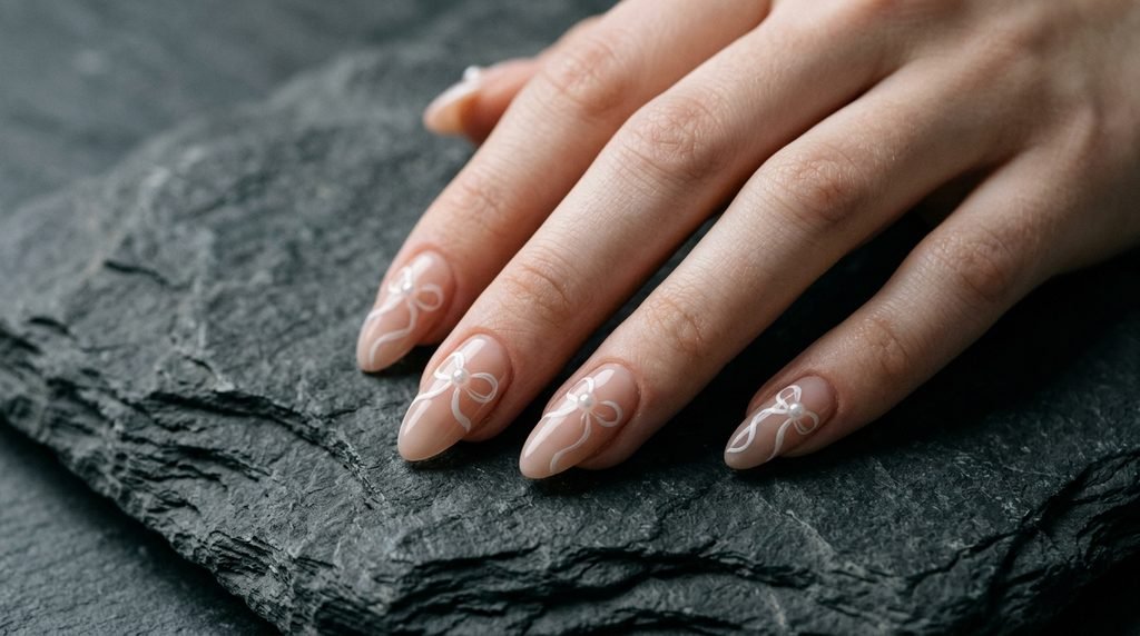 White ribbon nails with pearl accent on medium almond shape.