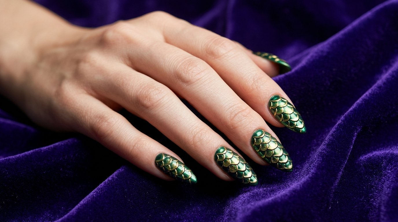 Female hand with very white skin displaying long almond emerald green and gold 3D snake scale nails against purple velvet.