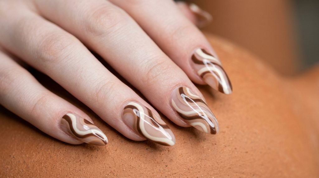 Long almond nails on an eighteen year old hand with light skin featuring abstract swirls of cream and brown polish over a terracotta background.