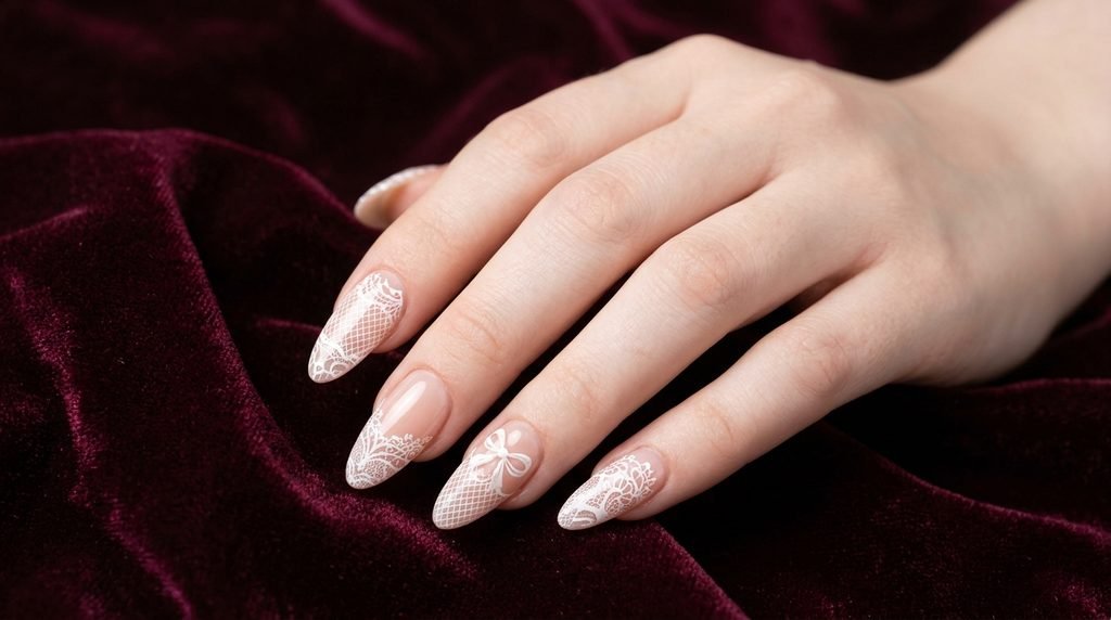White lace and ribbon nail art on long almond nails.