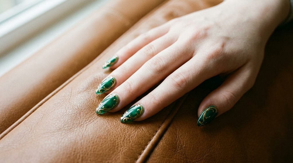 Almond-shaped emerald green nails with gold scrolls on very white female hand over cognac leather.