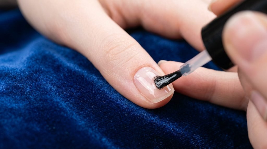 Applying clear base coat to short natural nails over a rich sapphire blue velvet backdrop.