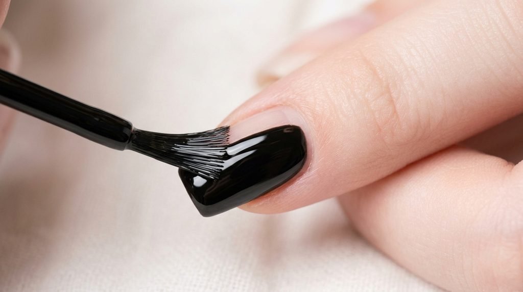 Extreme close-up of a single square nail being painted with a glossy black gel polish using a fine brush.