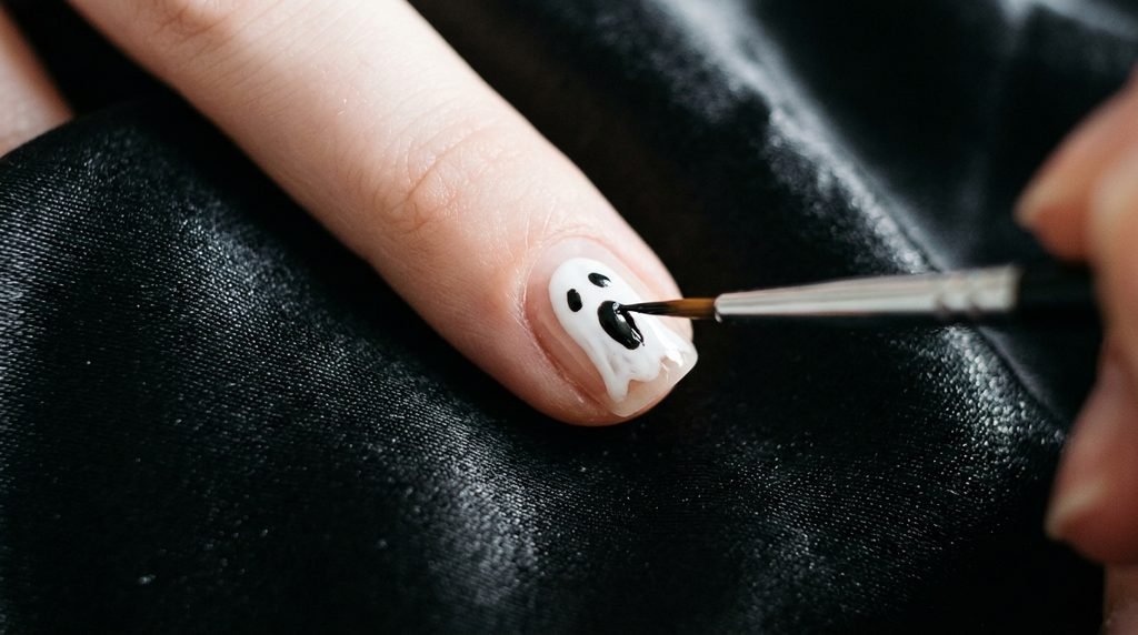Painting an elongated black screaming ghost mouth on a short nail over midnight black satin.