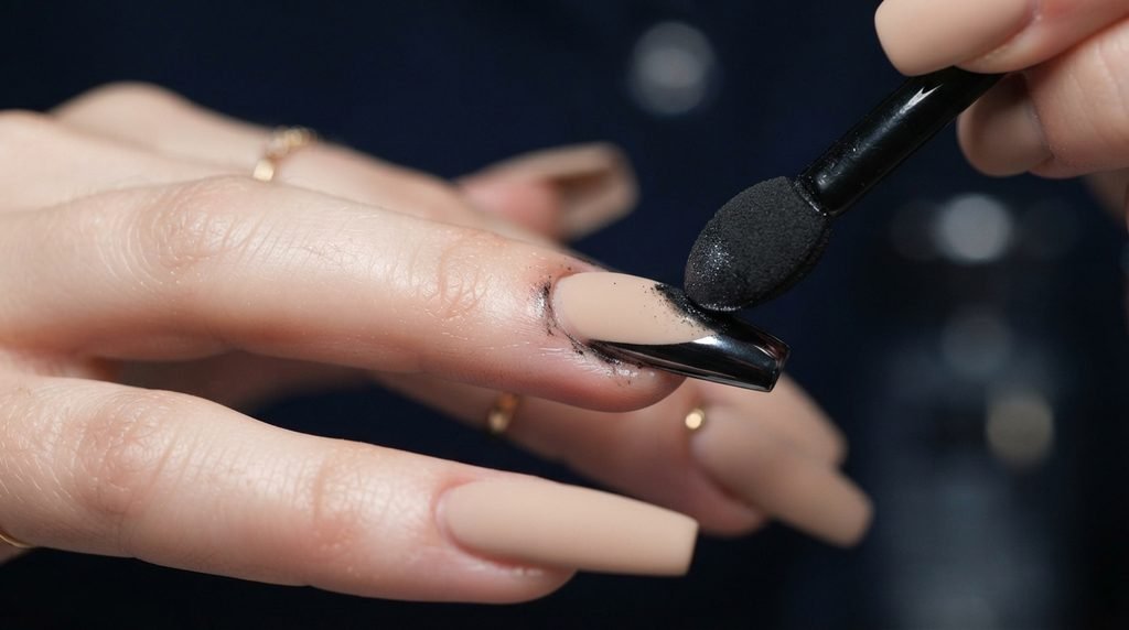 Sponge tool applying shiny black chrome powder to French tip arc on matte nude nail.