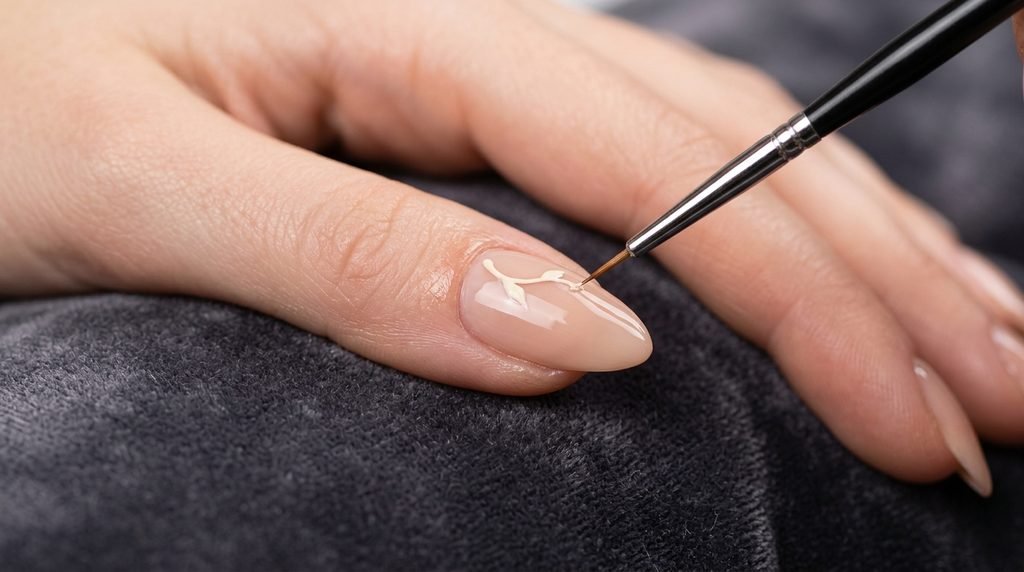 Milky white almond nails with minimalist brown mushroom accent art on an eighteen year old female hand with white skin.