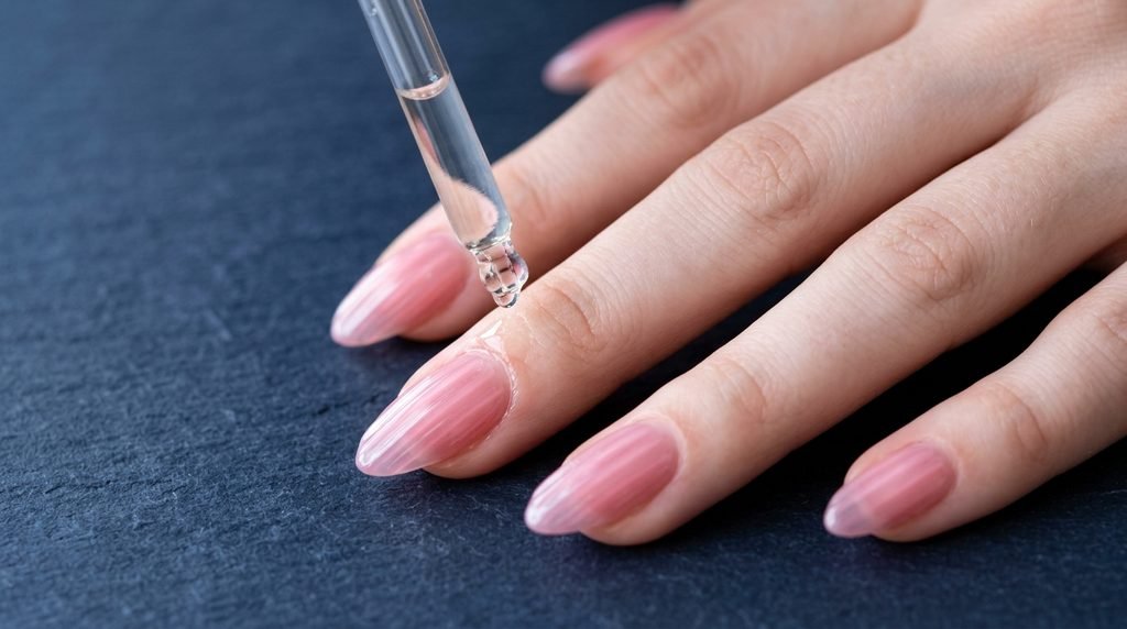 Applying cuticle oil to rose pink ribbed glass nails on an 18-year-old female hand with very white skin on dark navy stone.