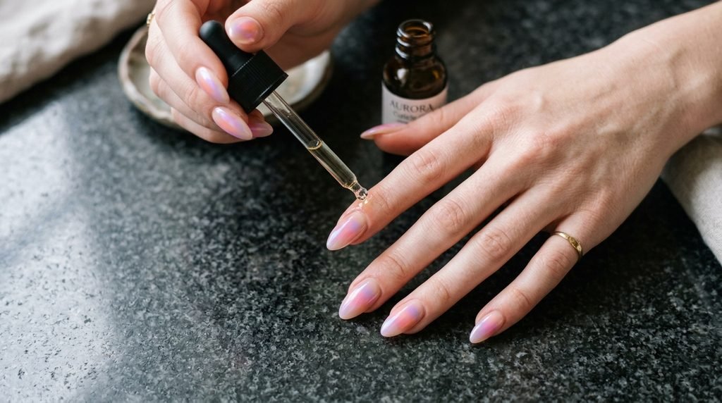 Glass dropper applying cuticle oil to skin around almond aura nails over dark granite.