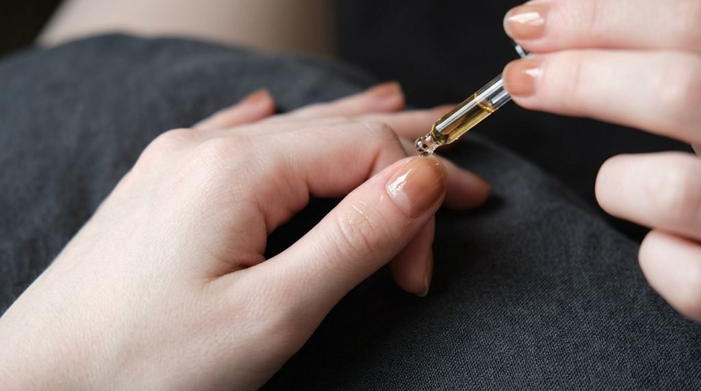 Fair hand applying cuticle oil around sheer maple nails against charcoal grey background.