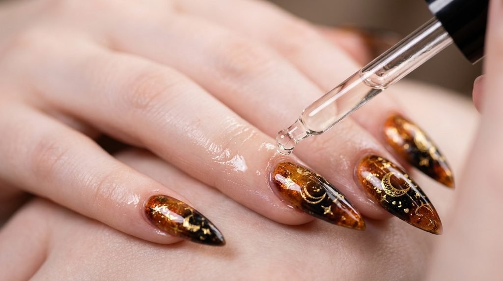 Cuticle oil being applied to stiletto nails on an 18-year-old female hand with very white skin.