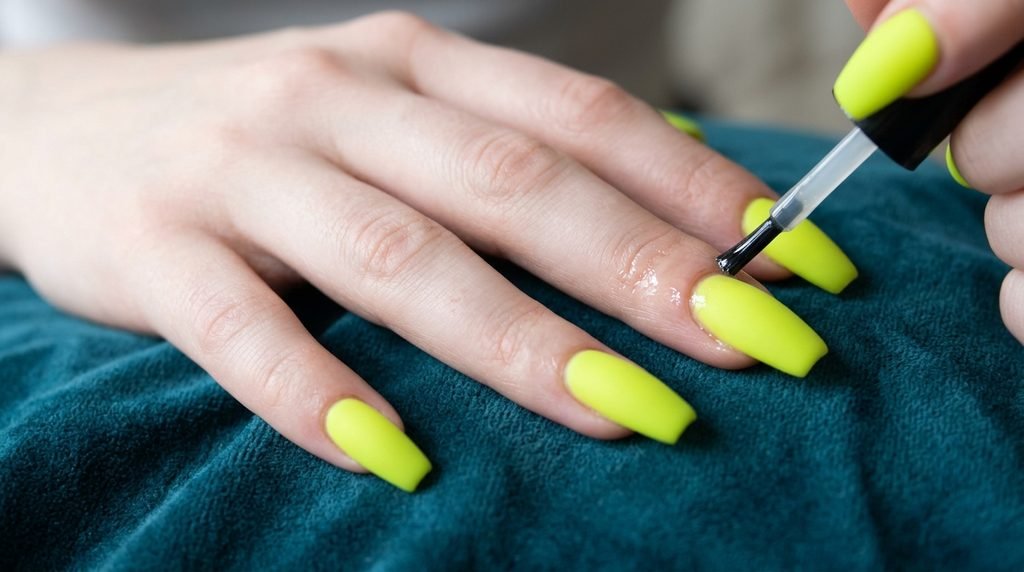 An 18-year-old hand with very white skin holding a chartreuse nail polish swatch book over dark teal fabric.