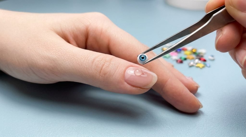 A clean close-up shot of a woman's pale hand using tweezers to apply a 3D eyeball charm to a glue dot on her prepped fingernail, against a blurred light blue background.