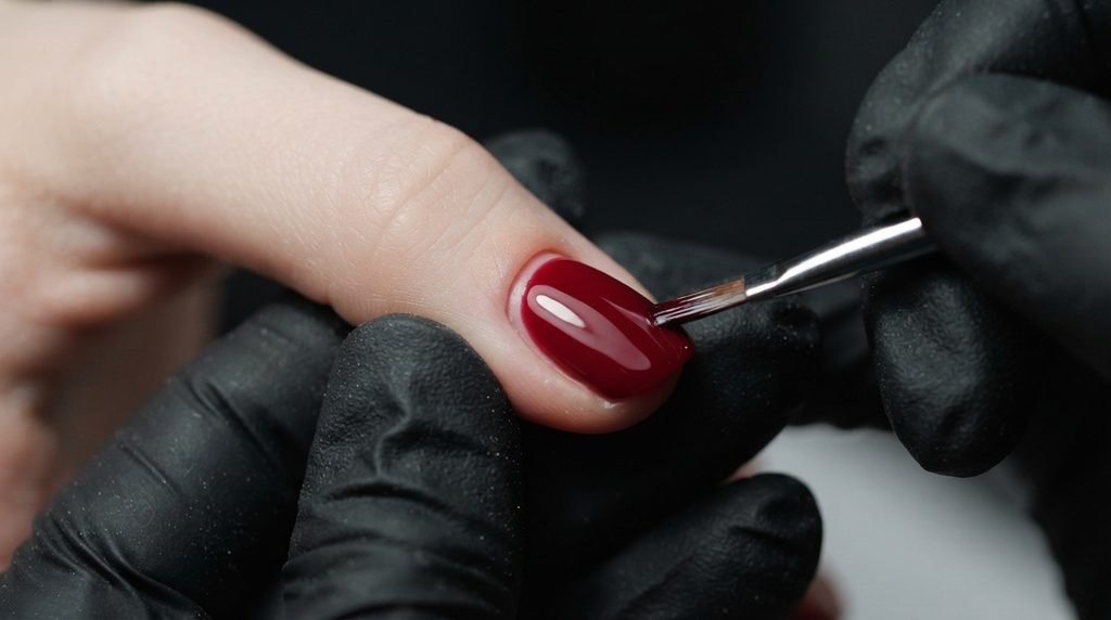 Precise gel polish application along the cuticle area on female natural nail.