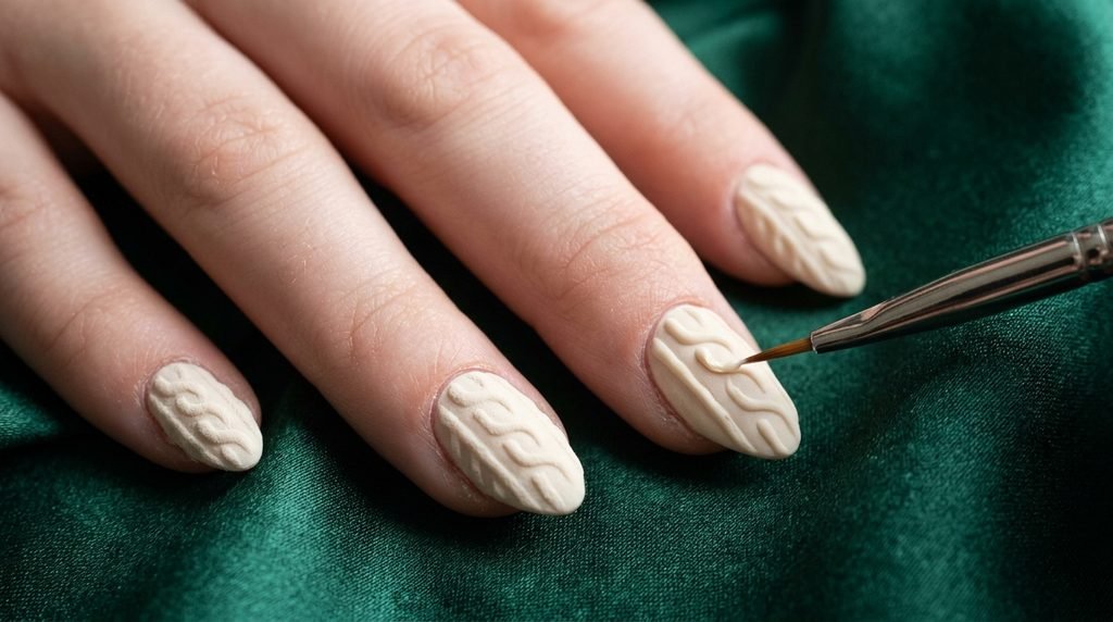 Macro shot of cream 3D cable knit sweater nail design on emerald satin fabric.