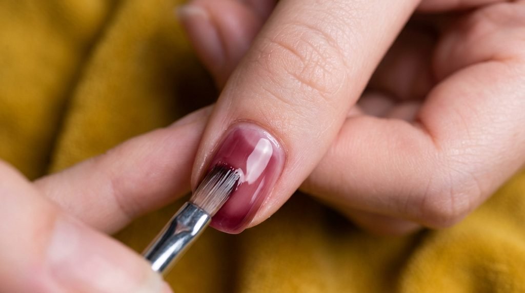 Precise application of red gel polish near cuticle line on light skin against mustard backdrop.