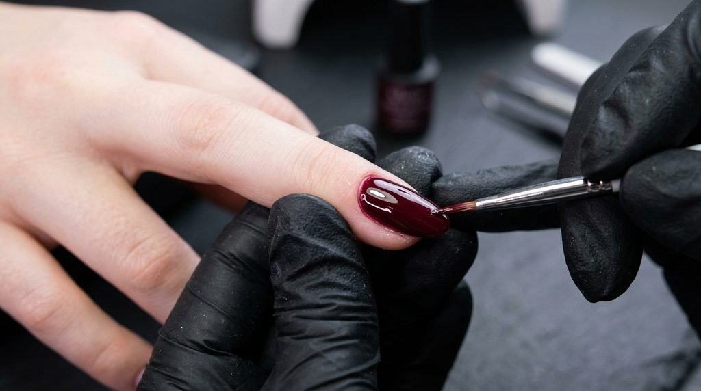 Precision application of merlot gel polish along cuticles on very white skin.