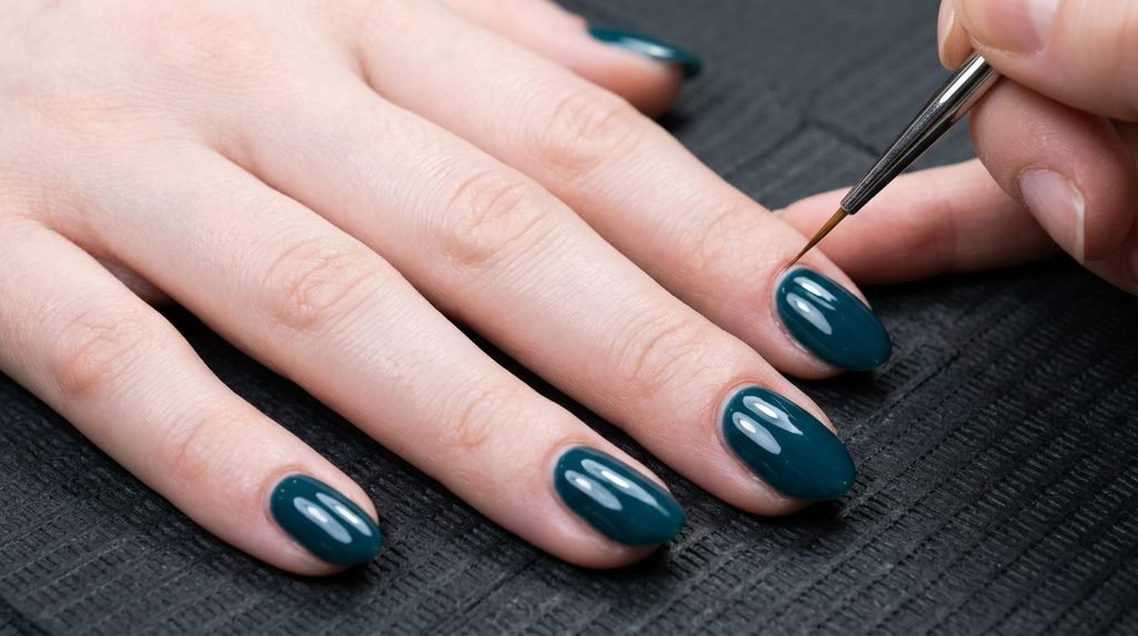 Macro photograph showing precise gel polish placement near the cuticle of an 18-year-old female hand with very white skin against a dark background.