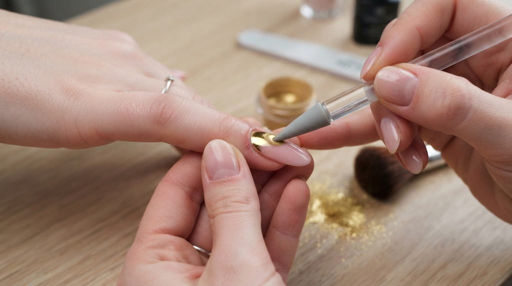 Close-up view of a silicone nail tool applying gold chrome powder to the cuticle line of an acrylic nail.