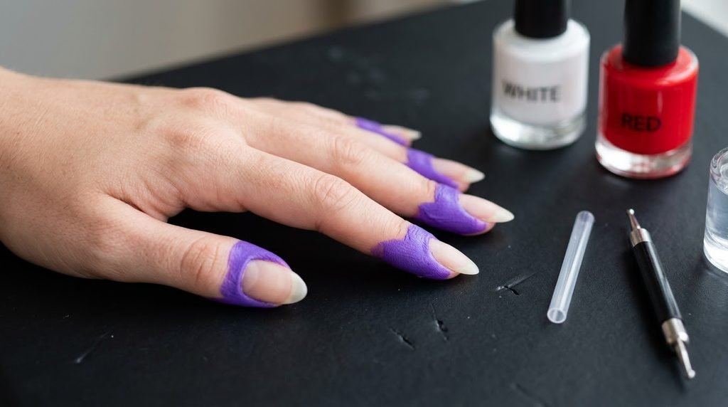 A close-up of an 18-year-old female hand with white skin and medium almond nails, with cuticles protected by purple liquid latex. The hand is near a straw and a dotting tool on a black surface with blurred white and red polish bottles.