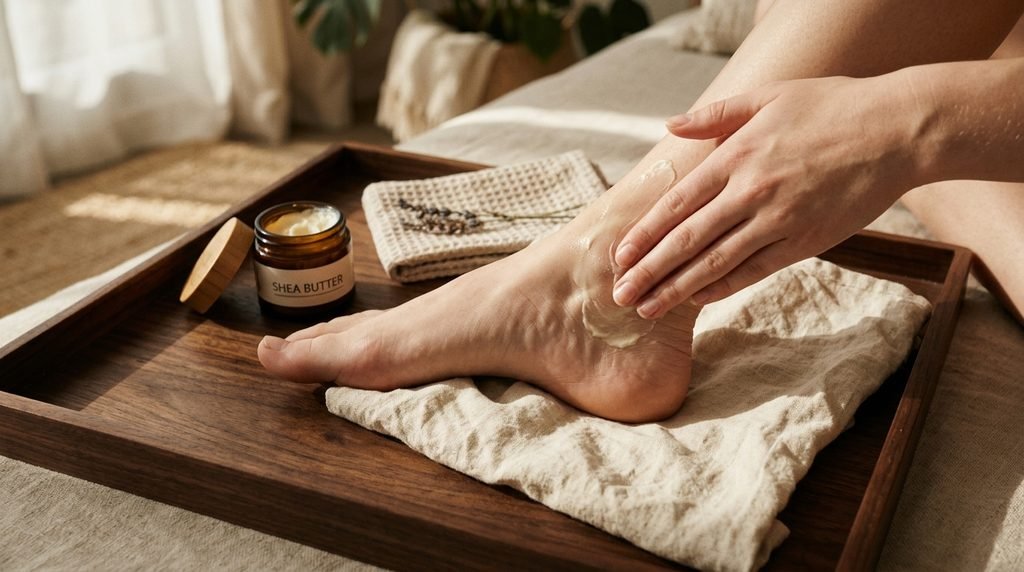 Female hand with white skin massaging cream onto foot and ankle on dark walnut tray.