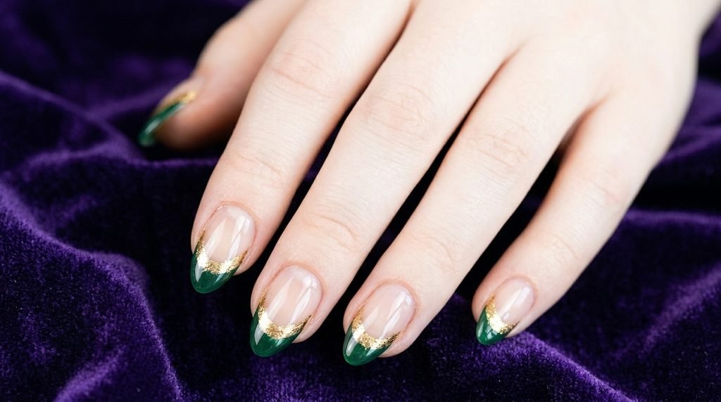 Female hand wearing a burnt orange sweater with emerald and gold double French tip nails.