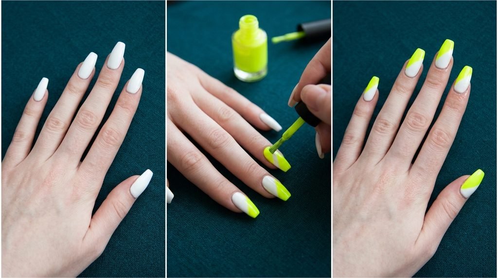Close-up of an 18-year-old hand with very white skin showing a freshly sealed matte neon green manicure over dark teal background.