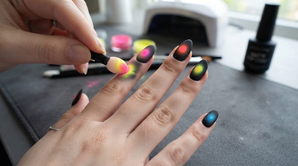 Sponge applicator buffing eyeshadow powder onto a matte black almond nail.