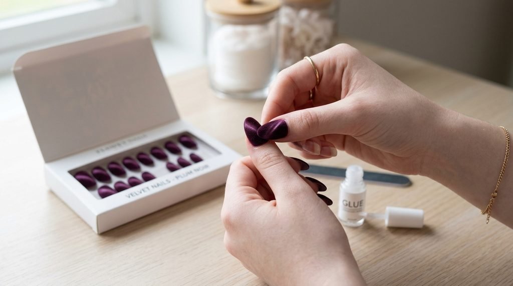 Close-up of a very white female hand, 18, applying a pre-designed plum noir velvet press-on nail on a blurred vanity.