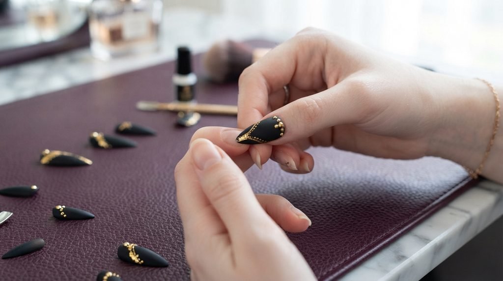 An 18-year-old female hand with very white skin applying a matte black and gold press-on stiletto nail over a plum leather mat.
