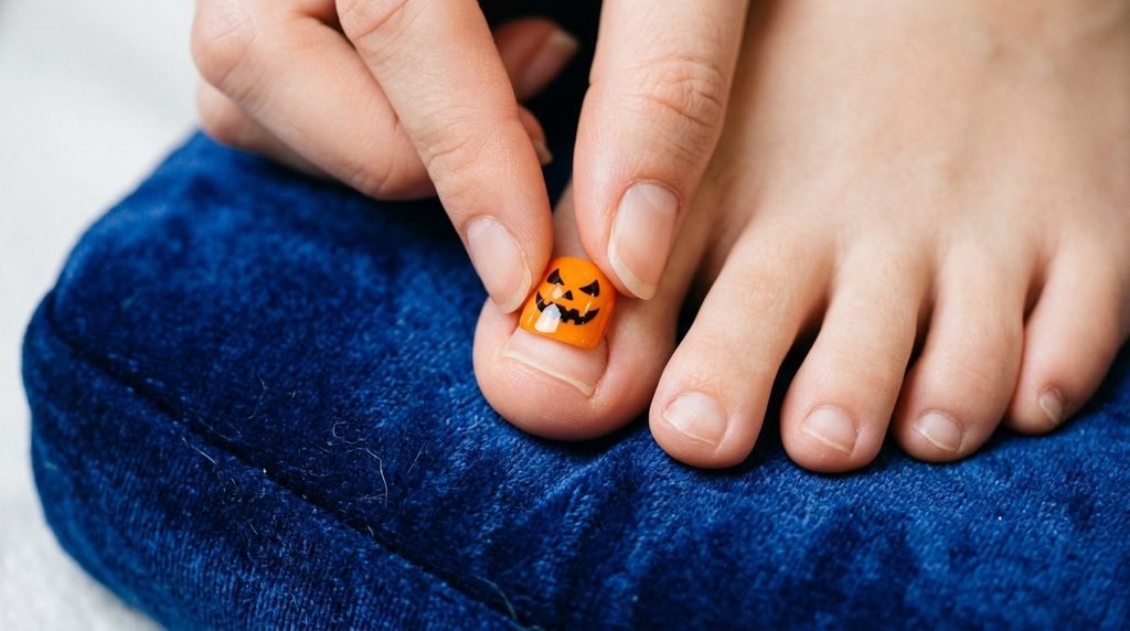 Custom pre-designed Halloween press-on toenail being applied to a big toe on white skin over dark royal blue velvet.