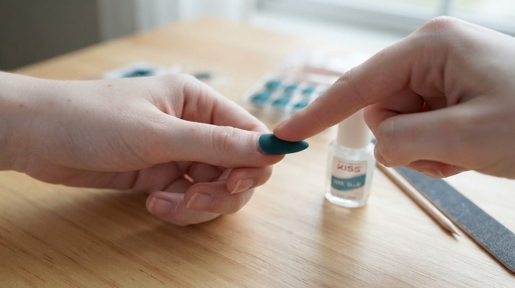 Applying a matte teal press-on nail at an angle on a female hand with smooth white skin.