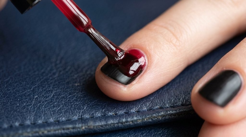 Step-by-step application of translucent red polish over an opaque black base layer on navy leather.