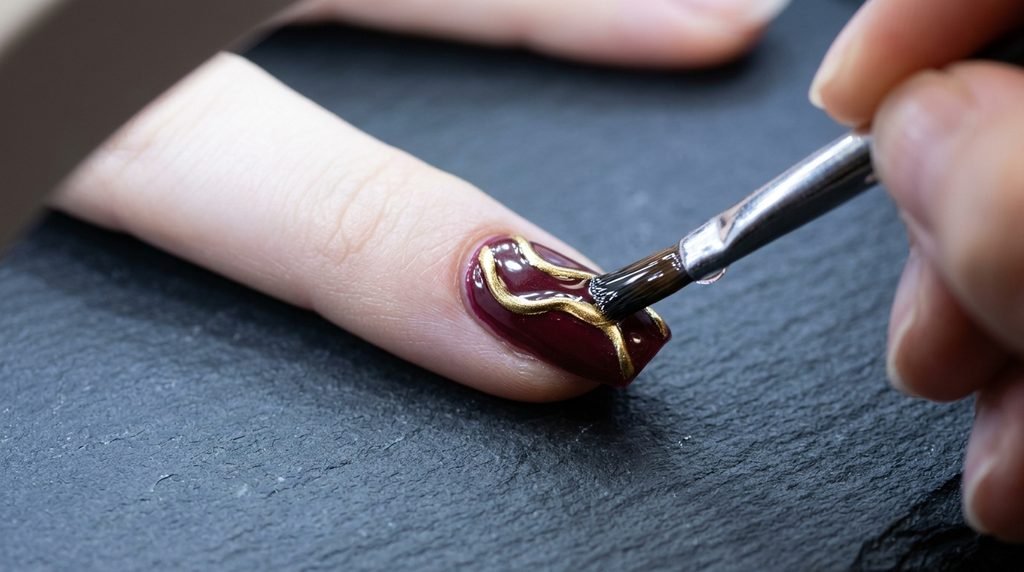 Clear top coat applied over gold chrome line on merlot nail on very white skin.
