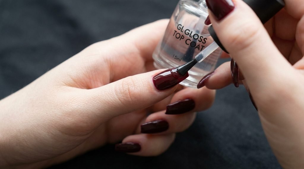 Gel top coat brush sealing the free tip edge of a black chrome French coffin nail.
