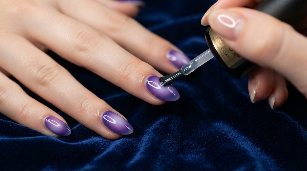 Clear glossy top coat being applied over a violet aura almond nail on royal blue velvet.