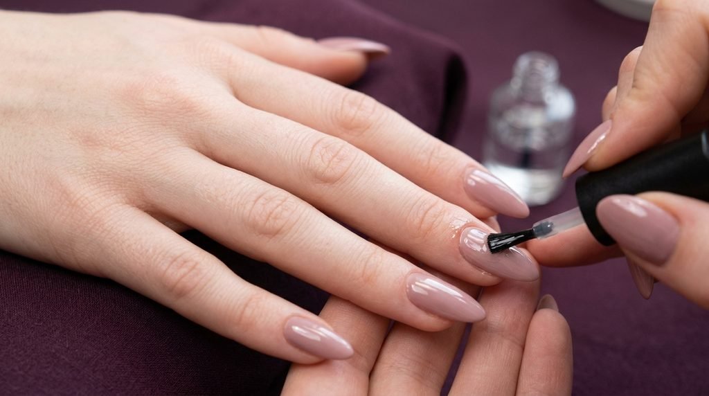 Applying a glossy topcoat to almond nails on an 18-year-old female hand with white skin over dark plum.