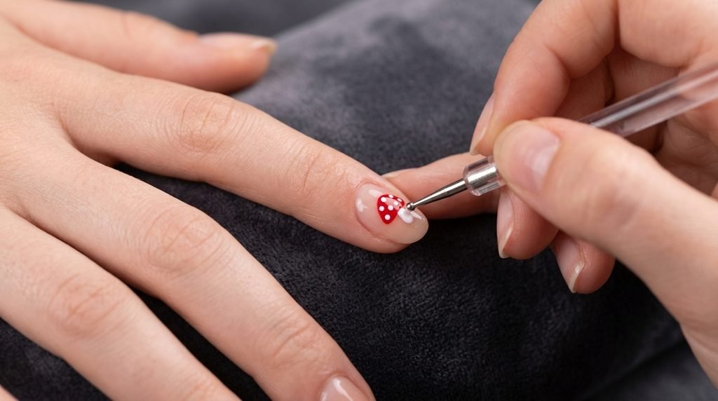 Four different nail shapes with mushroom art shown on an eighteen year old female hand with white skin.