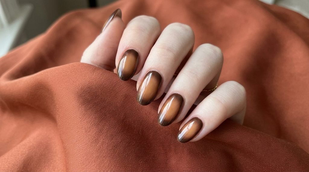 Medium oval nails showing a dark brown aura pattern with a caramel center glow on a light-skinned young female hand over terracotta silk.