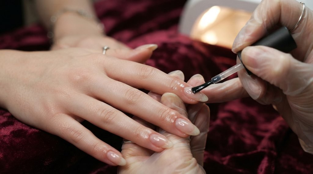 Applying clear rubber base gel to almond nails against a deep wine-red velvet background.