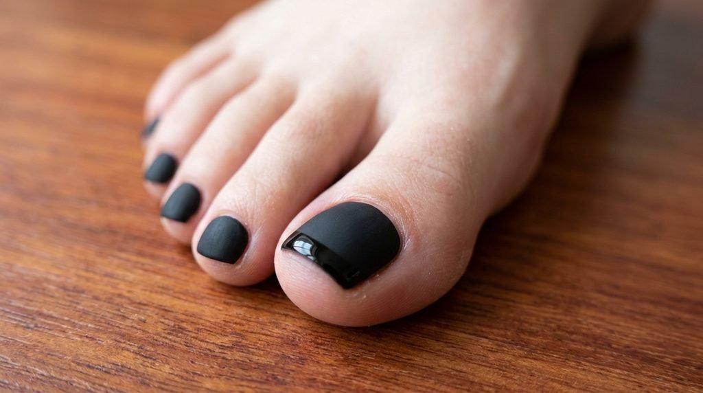 Matte black toenails with a glossy black French tip on the big toe over warm mahogany wood.