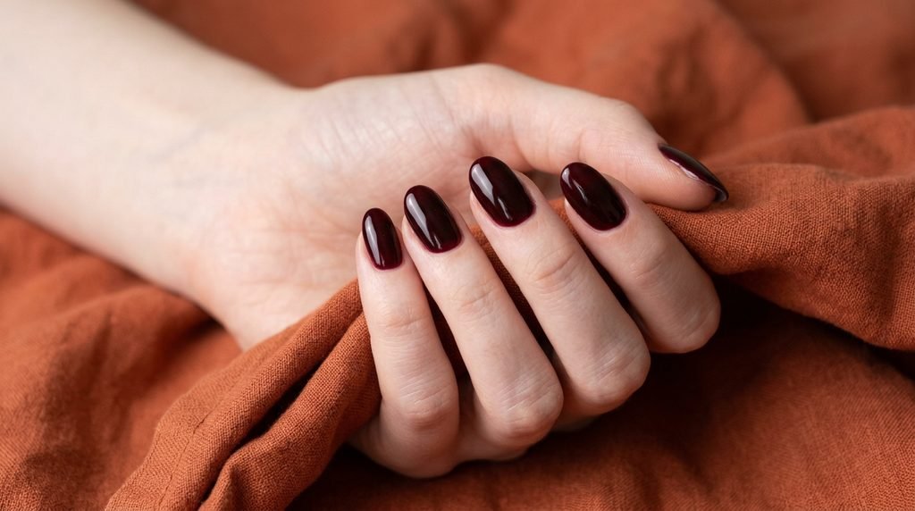Medium oval nails painted in a crelly hybrid black cherry formula against a terracotta background.