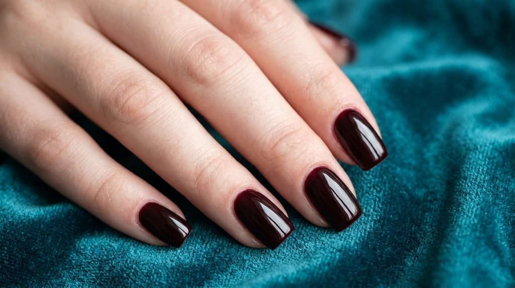 Medium squoval nails with opaque high-gloss black cherry gel finish on teal velvet.