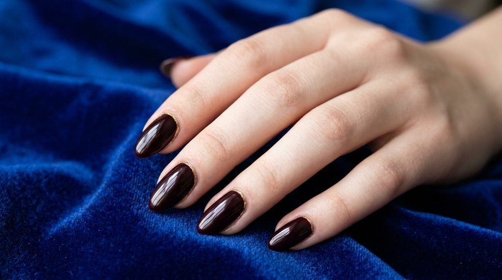 Black cherry nails with fine metallic gold hairline lines painted along the cuticle curves against royal blue velvet.