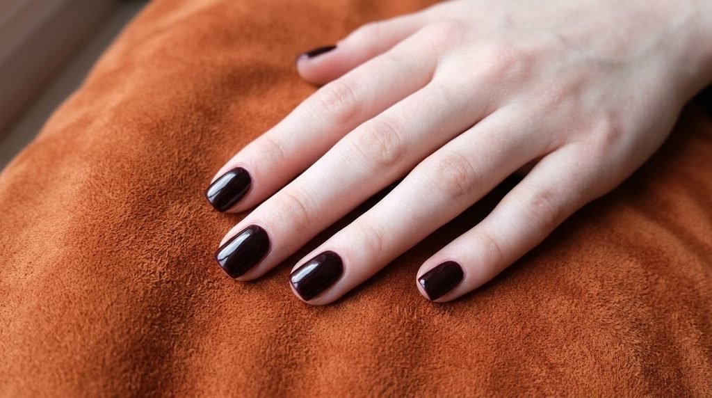 Short square nails with softened corners painted in solid black cherry gel on rust-orange suede.