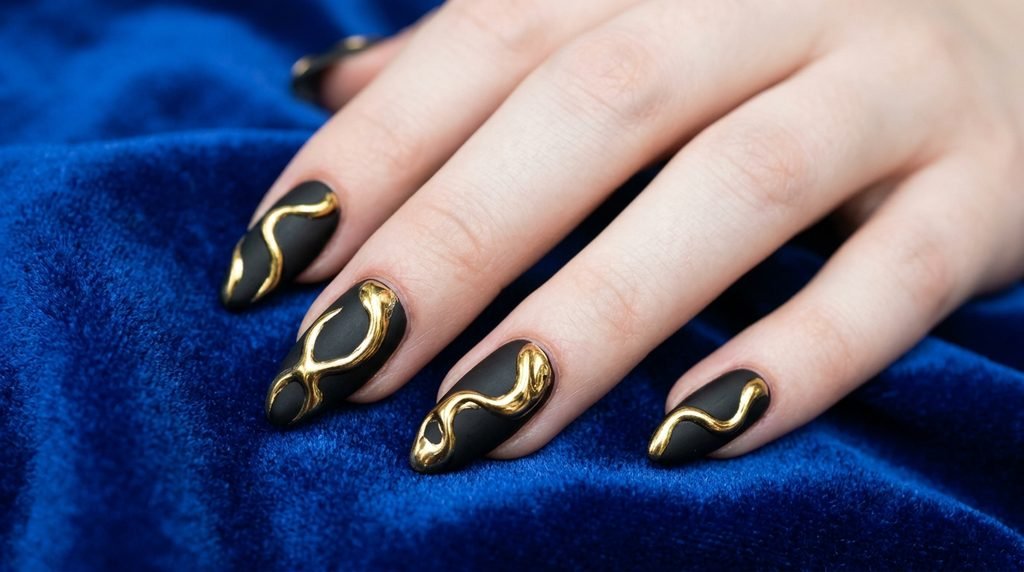 Gold metallic ribbon nail art over dark base coat