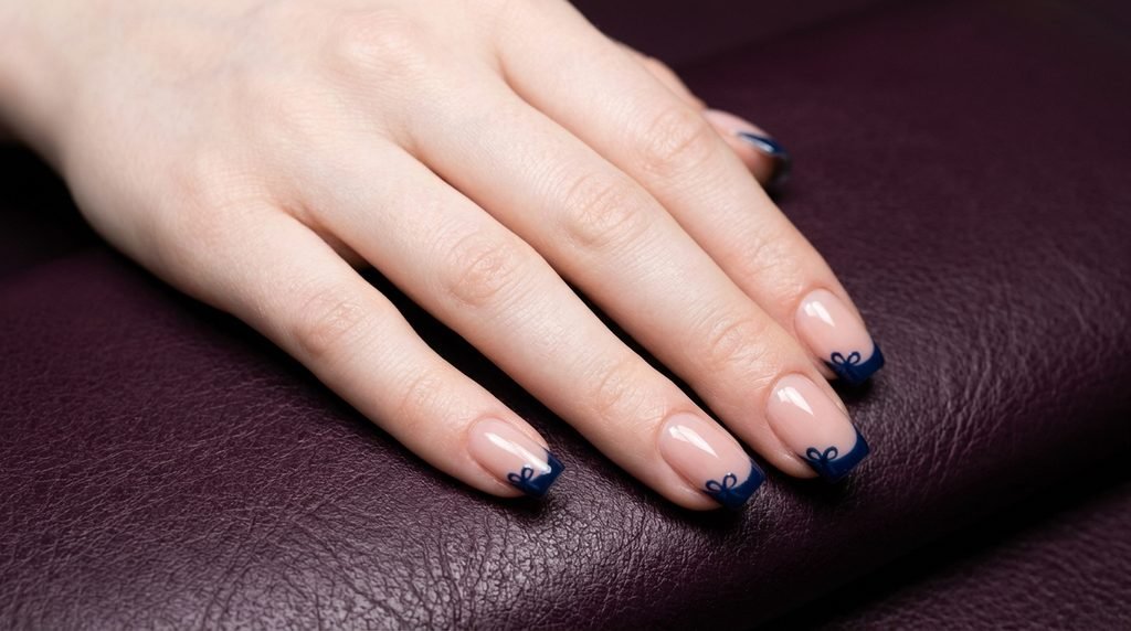 Navy French tip nails with corner ribbon bow accents.