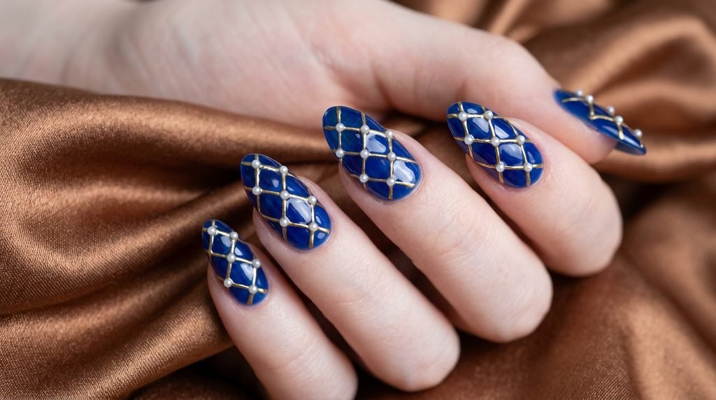 Royal blue syrup nails with gold grid filigree on very white female hand against bronze satin.